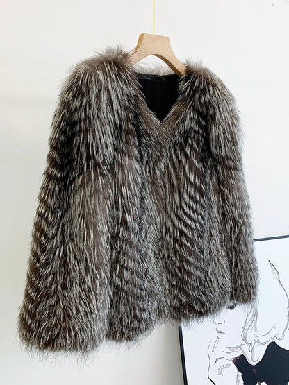 2025 New Imported Silver Fox Young Style Fox Fur Korean Style Fur Coat Women's Short Style Small Clip leather craft