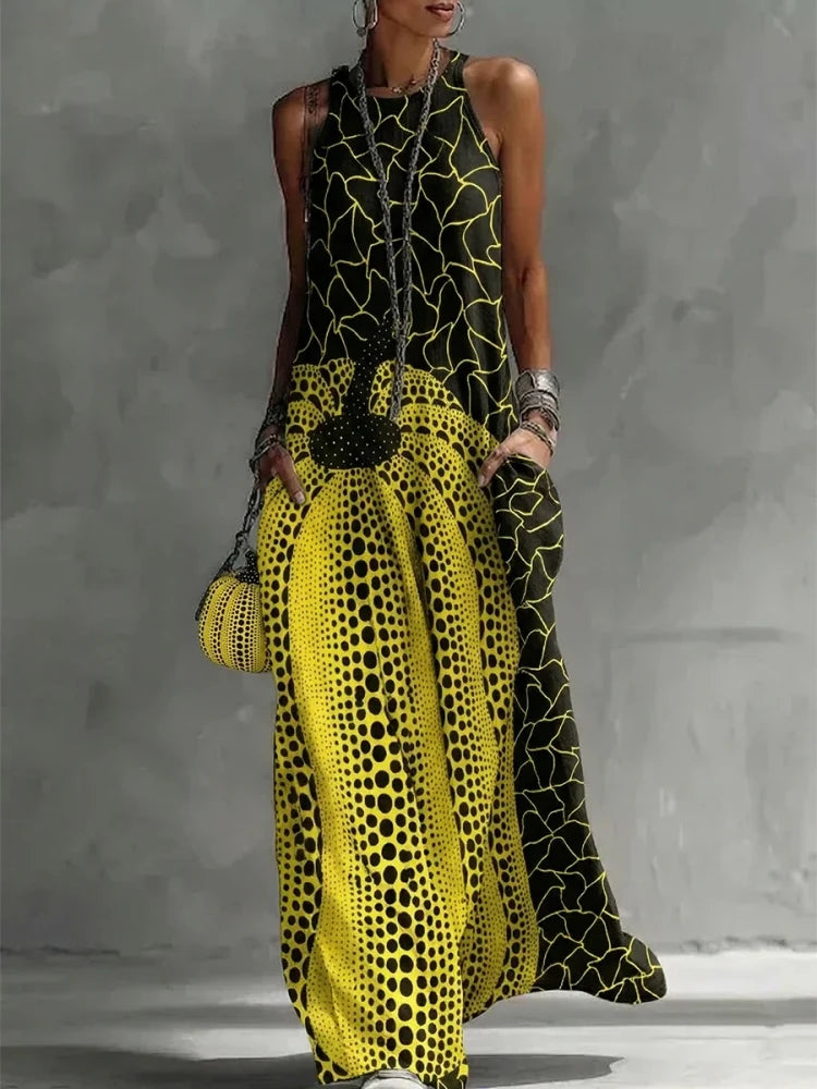 Fashion Abstract Polka-Dot Printed Maxi Dresses Pockets Sleeveless Round-Neck Loose Casual Vacation Party Long Dress...
