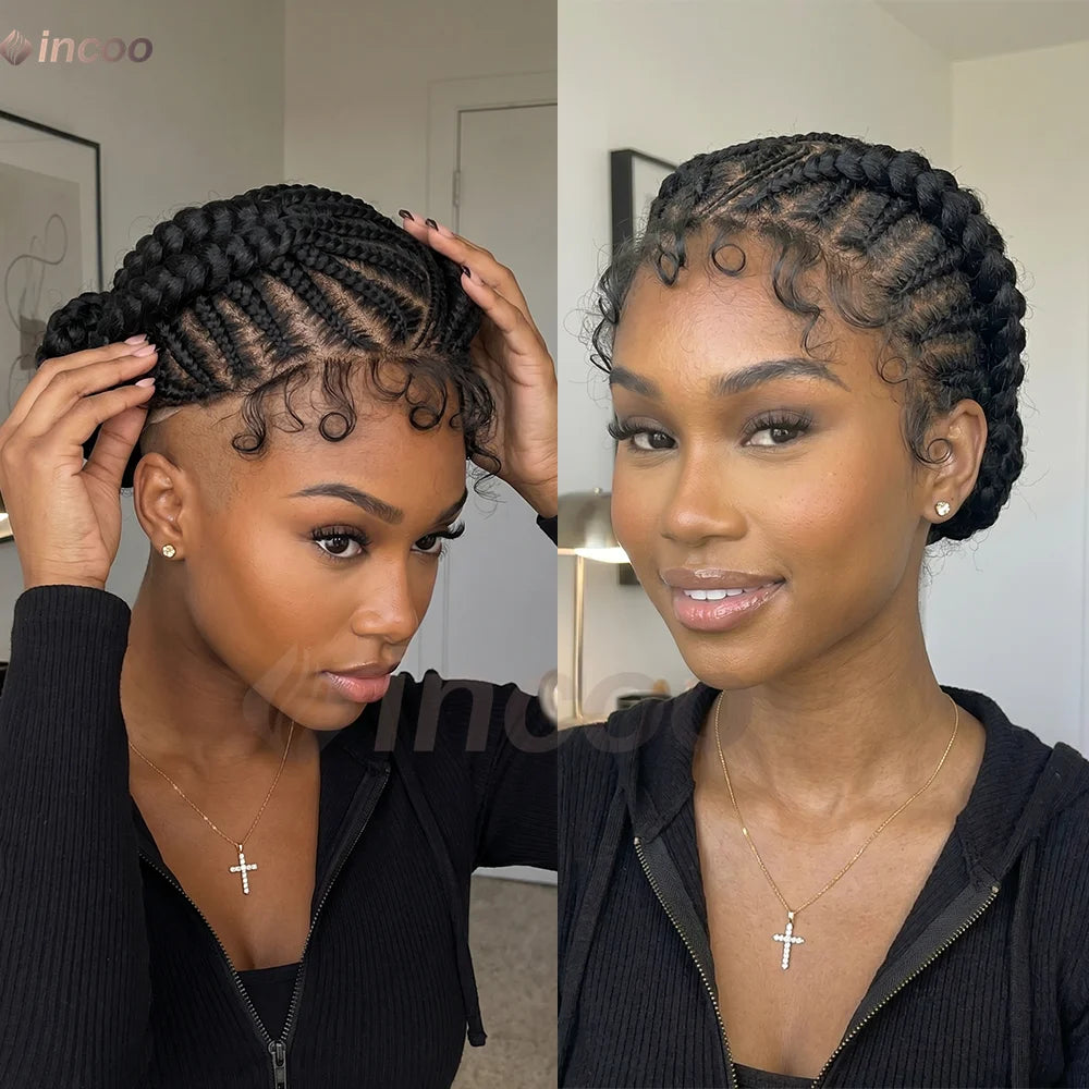 Short Cornnrow Braid Wigs Buns Glueless For Black Women Synthetic HD Full Lace Wig Neat Braids Wig African Protective...