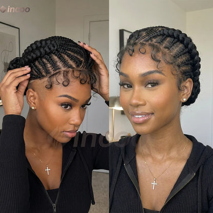 Short Cornnrow Braid Wigs Buns Glueless For Black Women Synthetic HD Full Lace Wig Neat Braids Wig African Protective...
