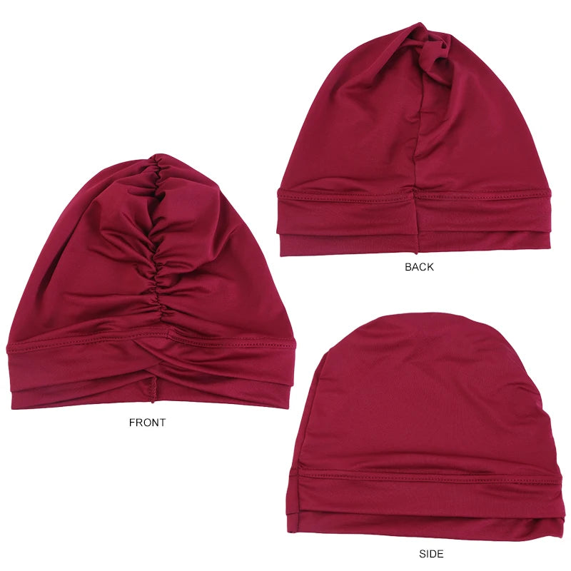 2PCS/LOT Classic Pleated Turban Hat Elegant Solid Color Head Wraps Headscarf Breathable Elastic Beanies Chemo Cap