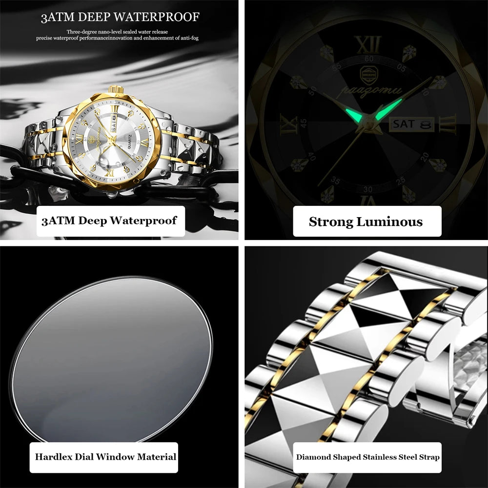 POEDAGAR Luxury Man Watch 5ATM Waterproof Luminous Date Week Quartz Men's Watches Stainless Steel Fashion Sport Men Wristwatch