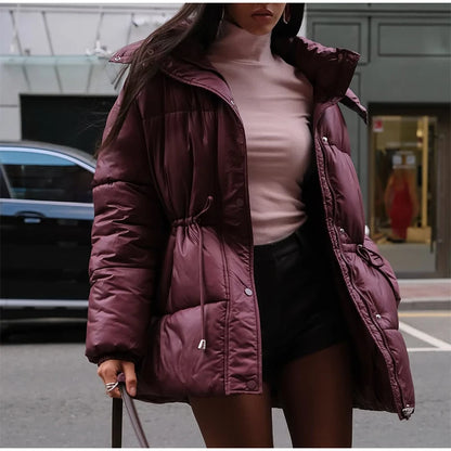 Women Solid Thicken Cotton Jackets Casual Stand Collar Zipper Long Sleeves Lace Up Detachable Hat Coat Winter Lady Warm Outwear