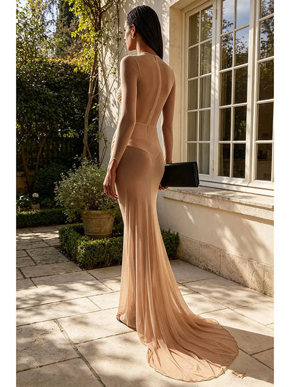 Sexy Long Sleeve Tulle Sheer Gathered Maxi Dress for Women Beige O Neck Mesh Folds See Though Slim Runway Evening Party...