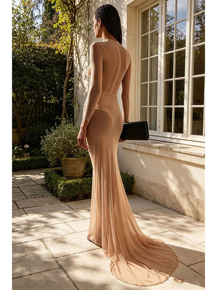 Sexy Long Sleeve Tulle Sheer Gathered Maxi Dress for Women Beige O Neck Mesh Folds See Though Slim Runway Evening Party...