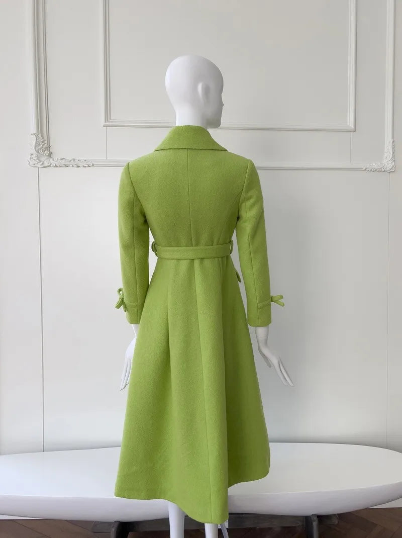 Women Elegant Double Breasted Coat Fashion Turn Down Sashes Collar Slim Fit Sashes Woolen Fabric Winter Lady Long Style Overcoat