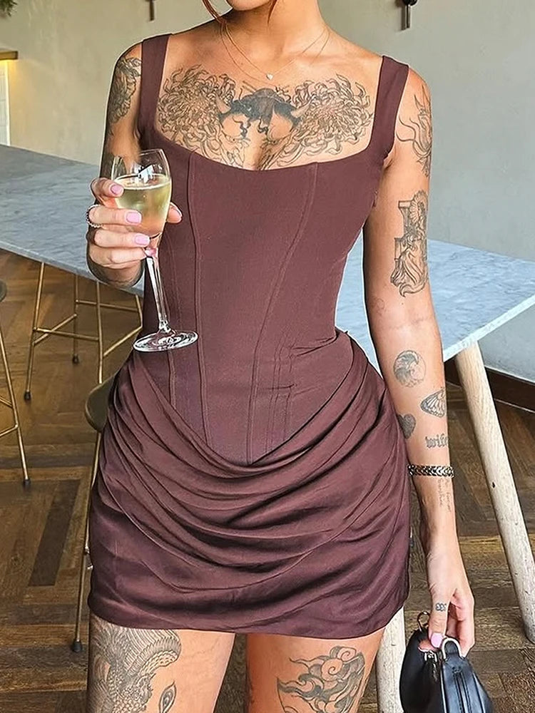 Nibber Peach Hip Dress Women Elegant Christmas Low Chest Sleeveless Ruched Patchwork Birthday Party Dating Chic Skinny Clubwear