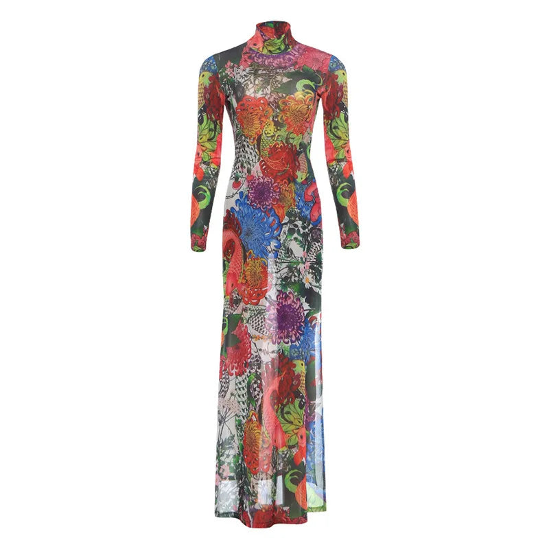 Spring New Women's Long Sve High Collar Plant Print Maxi Top Faionable Individuatic f High Ne Long Open Split Top