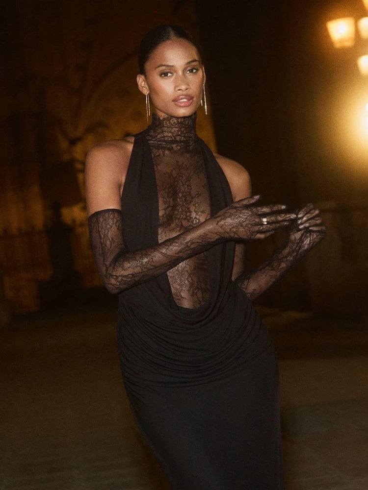 Sexy Sleeveless High Neck Lace Patchwork Long Dress with Gloves Women Black Hollow Out Buttons Evening Club Party Maxi...