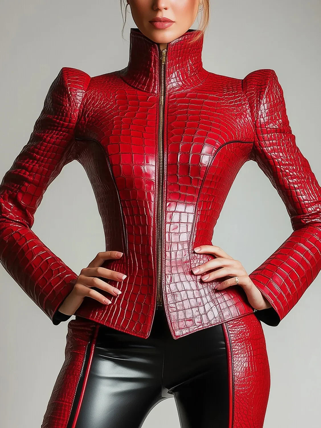 PU Leather Alligator Pattern Long Sleeve Zipper Jacket Turtleneck Slim Puff Sleeve High Street Gothic Vintage Outerwear Coat