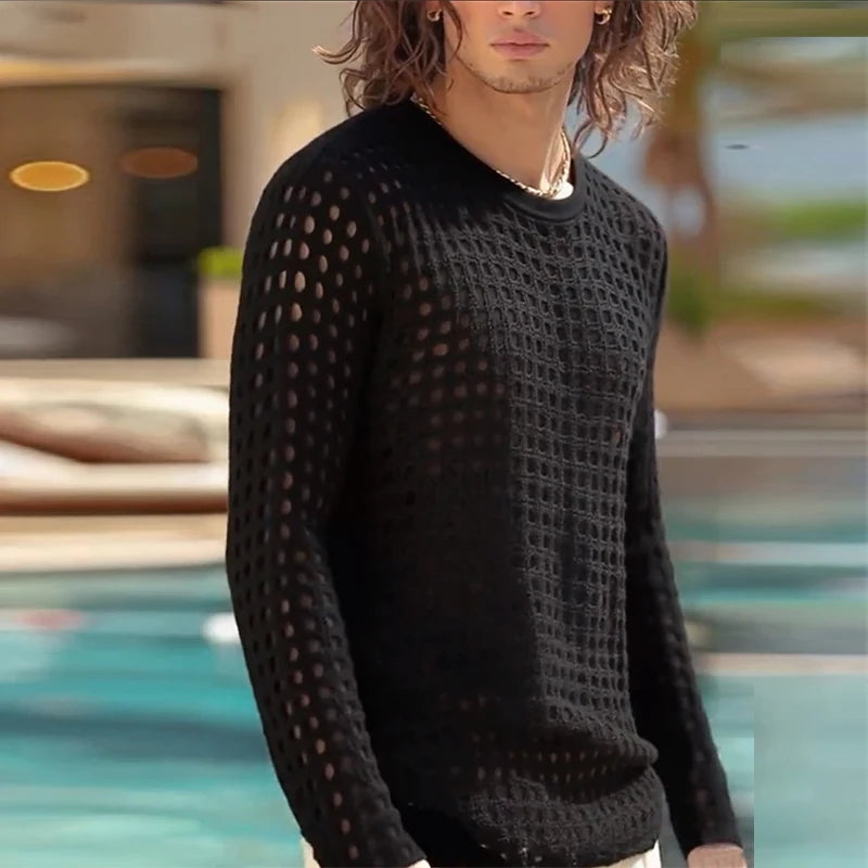 New American Hollow Out Men T-shirt Trendy Sexy Mesh Solid Color Long Sleeve Tees Transparent Stage Clothing Fitness Tops S-2XL - Kimlud