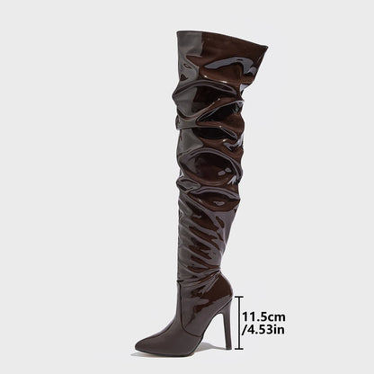 Sharp Pointed Patent Leather Fashionable Women's Boots Model Walking High Heels Boots Brown High Top Knee Size