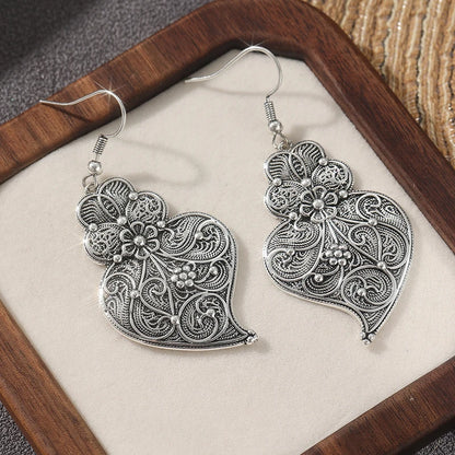 Vintage Bohemian Style Hand Carved Silvery Plated Hook Earrings Women's Elegant Charm Banquet Festival Jewelry...