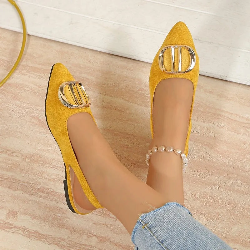 French Pointed-toe Metal Flat Shoes Baotou Sandals Shallow-mouth Single Shoes Foreign-style Explosive Internet Celebrity