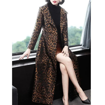 High End Fashion Leopard Coat Women Spring Autumn Korean Slim Long Trench Coat Female Windbreaker With Belt Mother Outwear ZT180