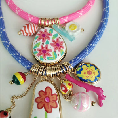 Colorful Dopamine Pink Blue Cord Choker Necklace Women Indian Boho Ethnic Statement Enamel Flower Pendant Necklace lady...