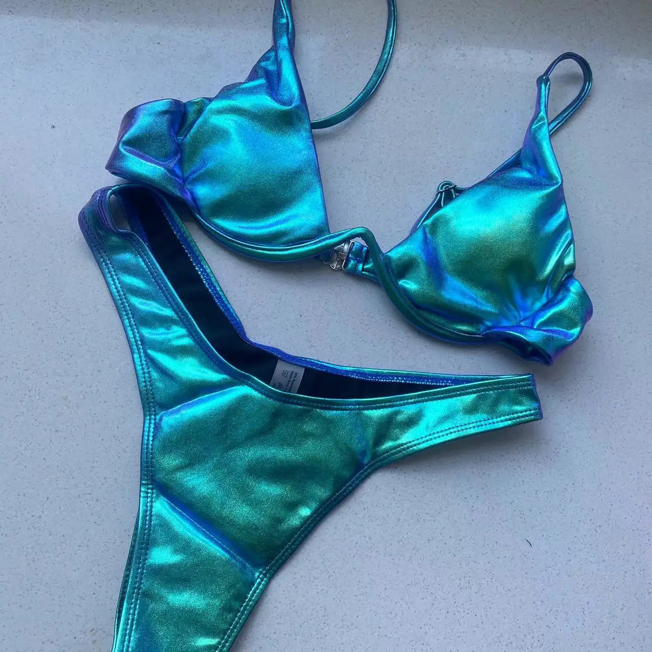 Sexy Triangle Bikini 2022 holographic Blue Push Up Extreme Thong Swimwear Brazilian Bandage Bathing Suit Swimsuit Micro Biquini - Kimlud