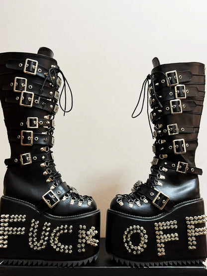 Women Motorcycle Boots women super high thick Heels pumps Cool Lady knight customized boots girl punk Gothic long boots rivets
