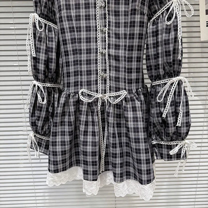 DEAT 2026 Spring New Style Plaid Pattern Bow Tie Long Sleeve Shirt Dresses For Women Contrast Color Sweet Dress Female 11A08637