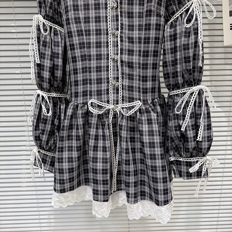 DEAT 2026 Spring New Style Plaid Pattern Bow Tie Long Sleeve Shirt Dresses For Women Contrast Color Sweet Dress Female 11A08637