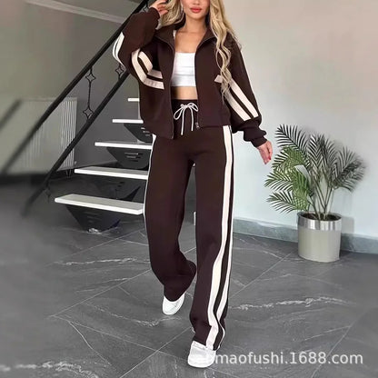 Y2K Striped Zipper Coat+sweatpants Two Piece Set Women Casual Batwing Sleeve Sports Outfits Autumn Winter Sweatshirt Suit