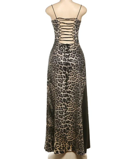 Maxi Dress Women Leopard Panelled Draped Backless Lace Up Sheath Long Robe Female Classic Party Club Vestidos