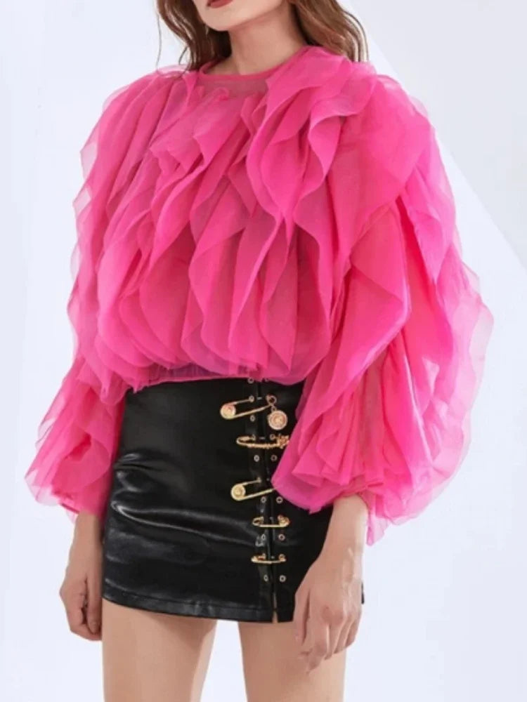 Vintage Ruffle Shirt For Women O Neck Lantern Sleeve Long Sleeve Solid Elegant Blouse Female Fashion New Style Top For Women