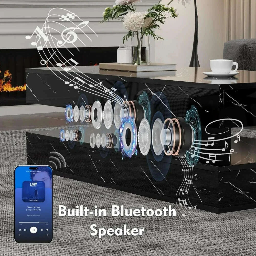 47" Modern LED Coffee Table with 2 Drawers, High Glossy Double-Layer Center Table with Wireless Charging and Built-in Bluetooth