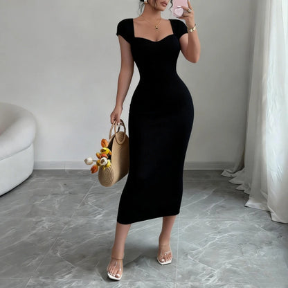 Women's Purple Sweetheart Neck Short Sleeve Stretchy Ribbed Knit Bodycon Midi Dress Summer Beach Vacation Party Long Dress - Kimlud