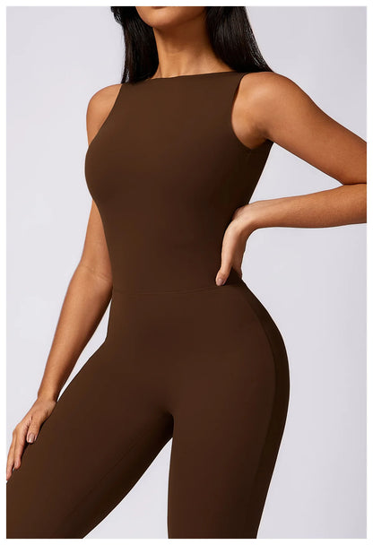 Hollow Out Backless One Piece Yoga Jumpsuit Women Sport Sleeveless Fitness Gym Suit Workout Exercise Skinny Flare Bodysuits