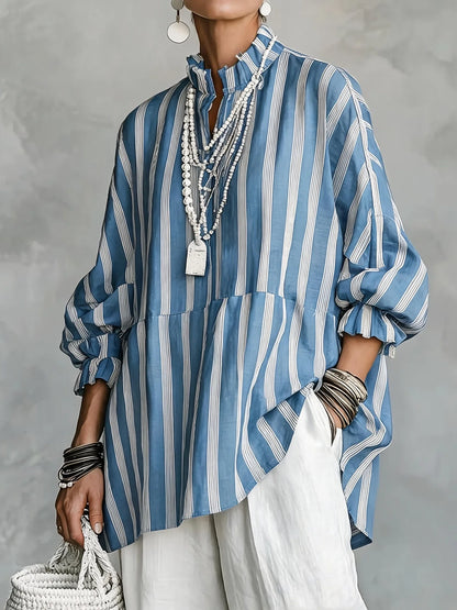 Women Stripes Print Blouse Autumn Casual Stand Collar Long Sleeve Top Simple Lady Blouses Streetwear Loose Harajuku...