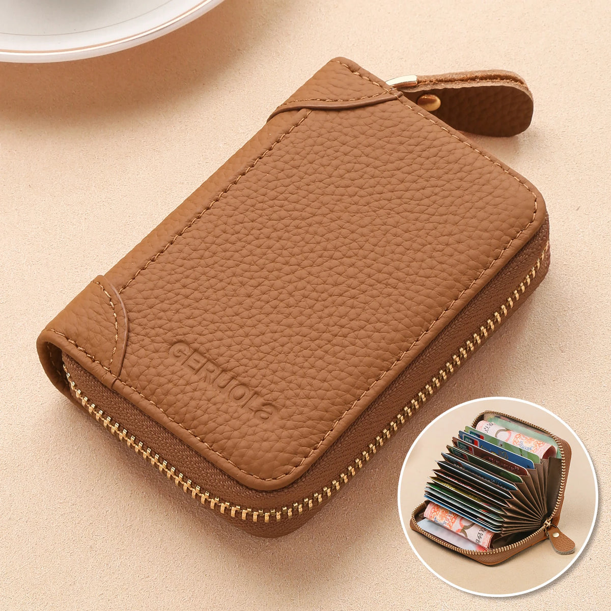 GERUOLA Top-Grain Cowhide RFID-Protected Card Holder Zipper Credit Card Organizer with Multiple Slots ID And Coin Pouch