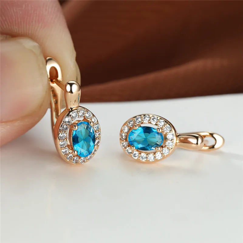 Cute Female Rose Gold Color Crystal Blue Stone Earrings Dainty Oval Zircon Wedding Jewelry For Women | Kimlud Mid Range...