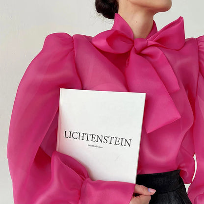 Women's See-through Chiffon Fashion Shirt Lace-up Bow Neck Puff Long Sleeve Loose Autumn Streetwear Elegant Office Ladies Blouse