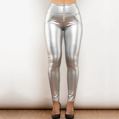 Shascullfites Melody High-Waisted Metallic Leather Leggings Zipper Detail Scrunch Butt Wetlook Pants for Women
