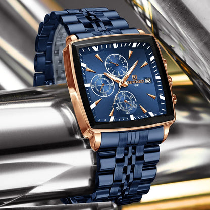 REWARD Fashion Square Dial Watch for Men Stainless Steel Waterproof Quartz Chronograph Mens Watches Luxury Sport Male Clock