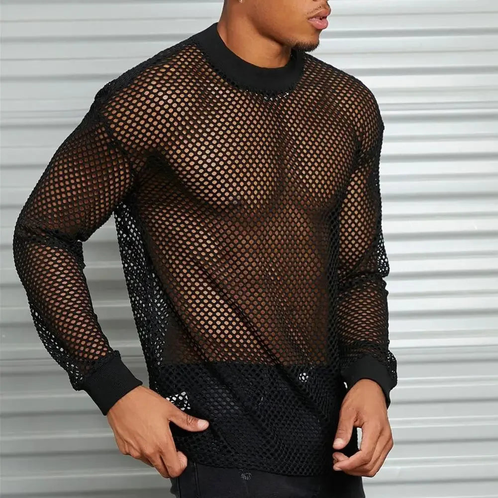 Men Black Mesh Top Hollow Design Muscle Tee Men's Thin Mesh Top with Long Sleeves Solid Color Stretchy Loose Fit for Club Dance - Kimlud