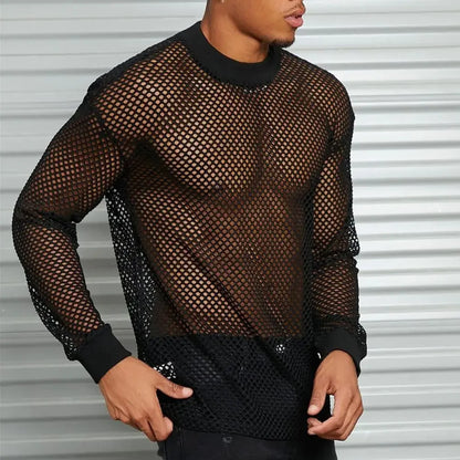 Men Black Mesh Top Hollow Design Muscle Tee Men's Thin Mesh Top with Long Sleeves Solid Color Stretchy Loose Fit for Club Dance - Kimlud
