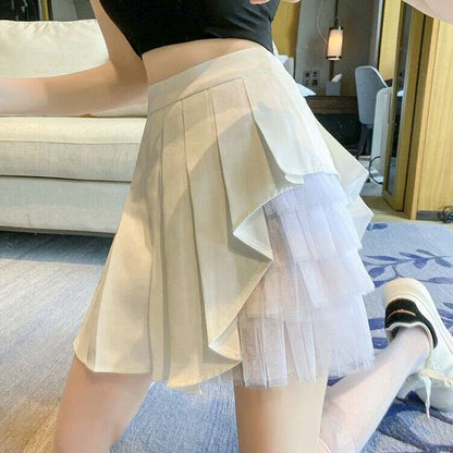 Pleated Skirts Women Chic Summer Party All-match Schoolgirls Clothing Vintage Slim Simple Pure Faldas Ulzzang Y2k Mesh Design