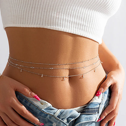 Sexy Round Clear Rhinestone Tassel Belly Chains For Women Gold Silver Color Metal Beach Link Chain Waist Body Jewelry Accessory - Kimlud