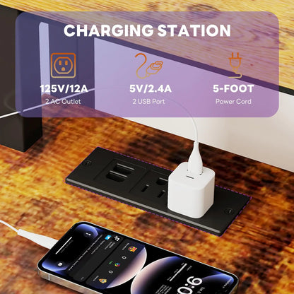 JHK Corner Desk Office Computer Desk for Small Space with LED Lights Gaming Table with Storage Shelves Power Outlets For Home