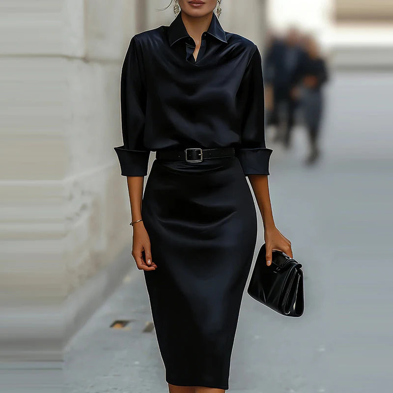 Fashionable satin high-end long sleeved dress with a casual temperament cinched waist and slimming effect new spring dresses