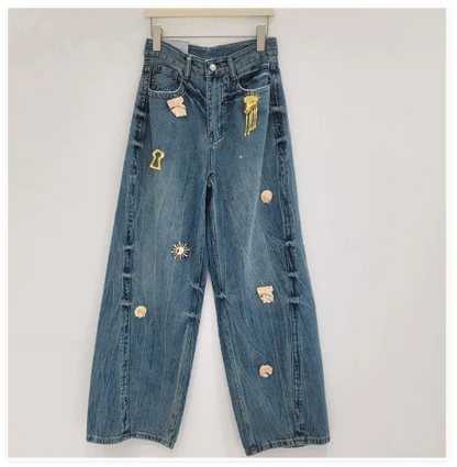 2026 Spring New Metal Buckle Decorated Mid-Waist Wide-Leg Jeans Women Washed Scimitar Pants Casual Versatile Long Pants Female - Kimlud