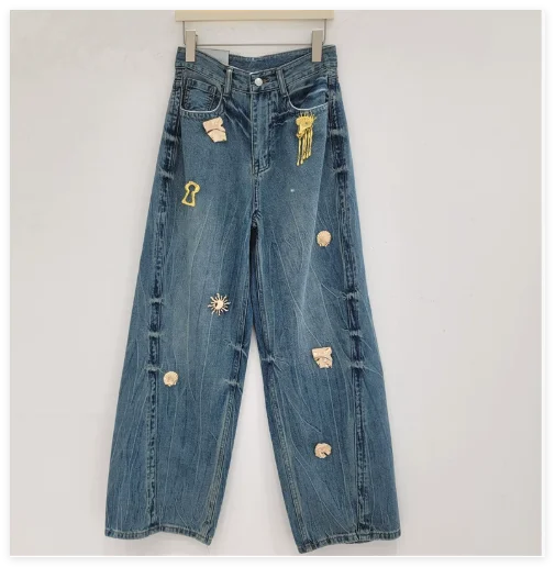 2026 Spring New Metal Buckle Decorated Mid-Waist Wide-Leg Jeans Women Washed Scimitar Pants Casual Versatile Long Pants Female - Kimlud