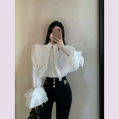 KUSAHIKI Korean Niche Flared Sleeves Turn-down Collar Shirt Fashion Women Slim Elegant Blouse Tops 2024 Spring New Tops Camisas