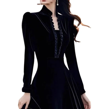Elegant Black Velvet Dress Formal Occasion Heir to a Rich Family Luxury Feel Hepburn Style Stand Collar Long Sleeve Midi...