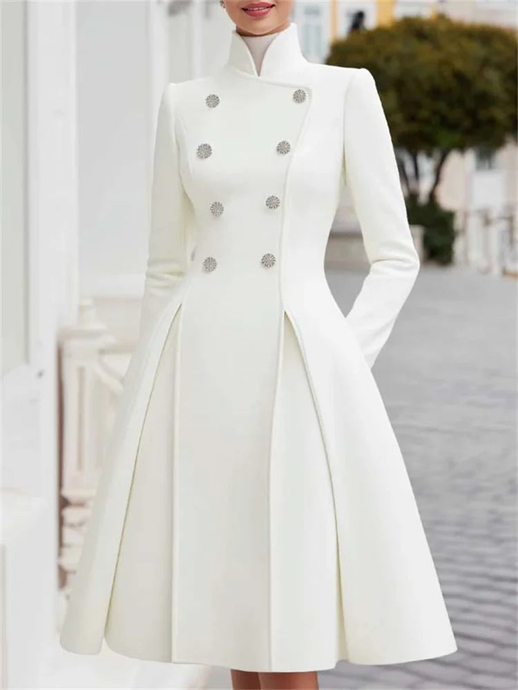 2026 New Women's Elegant White Evening Coat Dress High Neck Double Breasted Long Sleeves Urban Formal Office A-line...