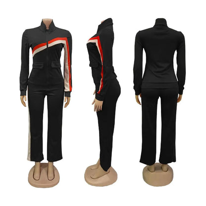 Casual Spor Women's Faion Set TW52 Long Sve Polyester Pants Striped Patchwork Independent Station Cross-Border | Kimlud...