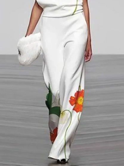 Modigirl Vintage Floral Printed Suits For Women Sleeveless High Neck Vest Tops & High Waisted Loose Straight Female Leg Pants