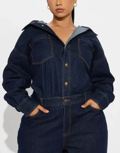 Jumpsuit Women 2026 New Spring Autumn Solid Color Pocket Design Turn-Down Collar Long Sleeved High Waist Casual Denim...